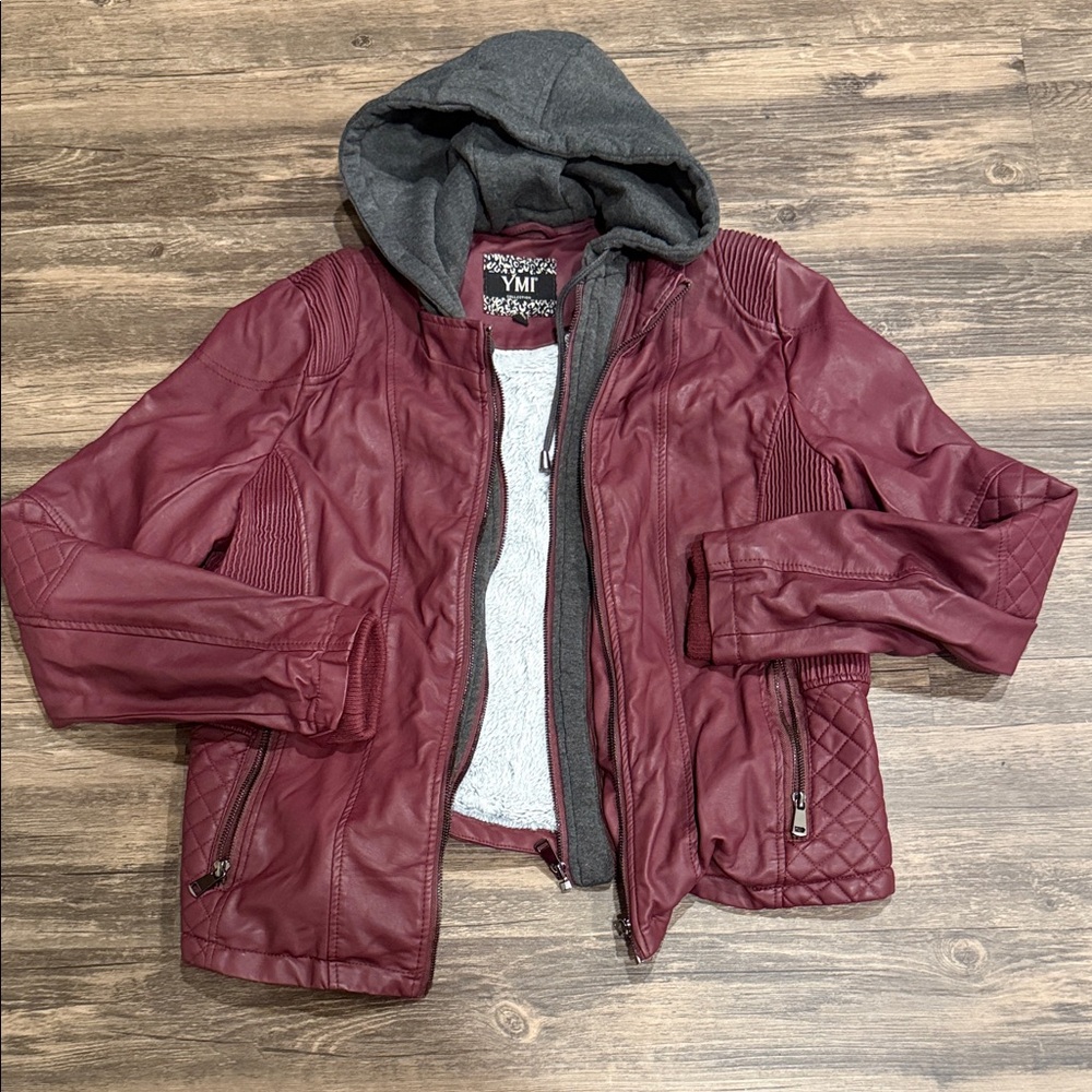 Burgundy Faux Leather Jacket with Gray Hood